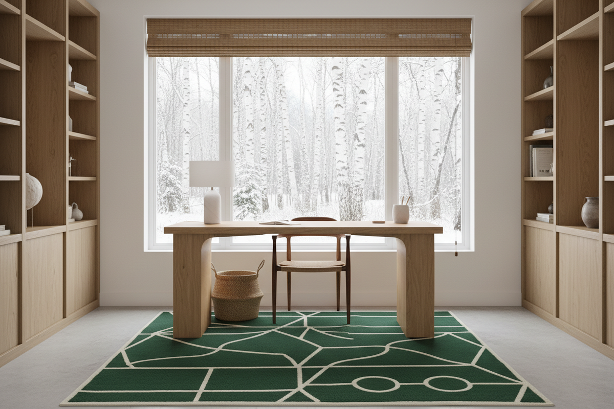 Modern home office with wooden desk, green rug, bookshelves, and a large window view