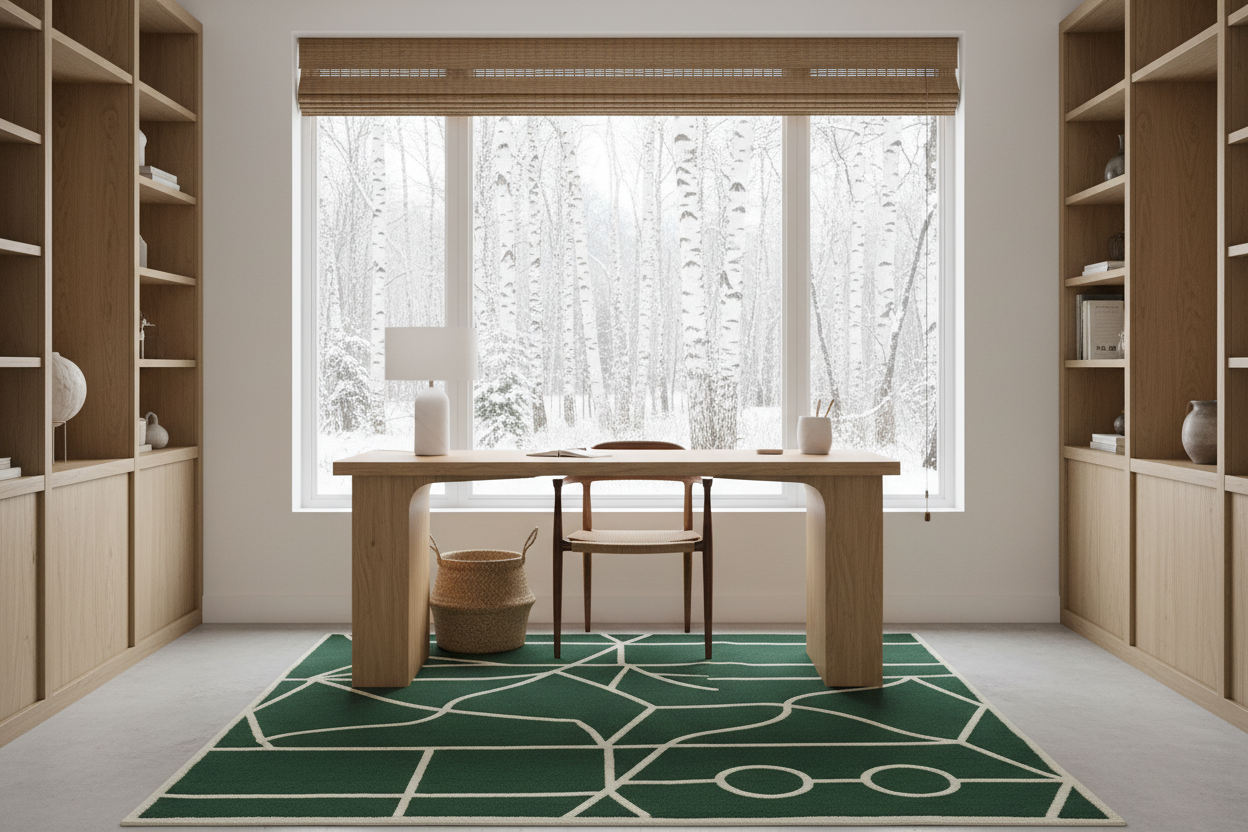 Modern home office with wooden desk, green rug, bookshelves, and a large window view