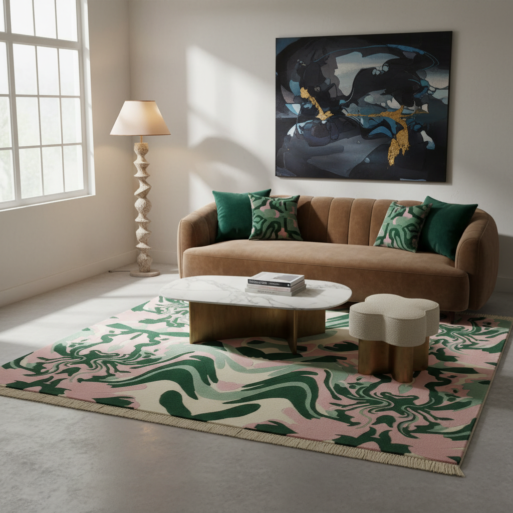 A styled living room featuring a large abstract art rug with green, pink, and cream wavy patterns. The rug is styled in a modern living room setting with a brown velvet sofa, green and patterned throw pillows, a white marble coffee table, a sculptural floor lamp, and a small cloud-shaped ottoman.