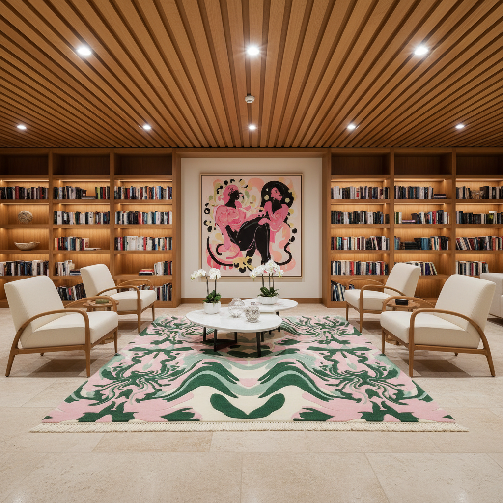A modern living room with a large pink, green, and cream patterned area rug, surrounded by four cream armchairs with wooden frames. The room features a slatted wood ceiling with recessed lights, built-in wooden bookshelves filled with books, and a central framed art print.