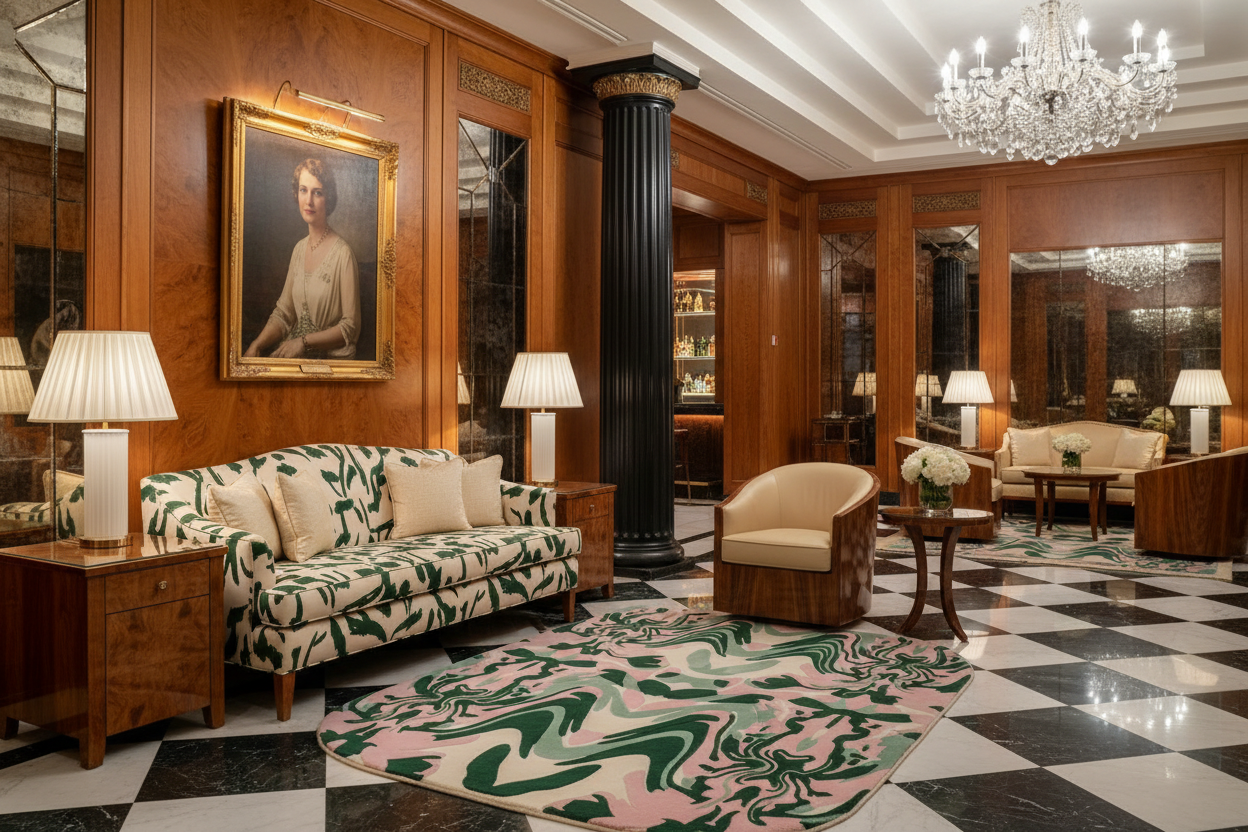 Luxurious interior of a hotel lobby with wooden walls, floral-patterned rug, and chandelier.