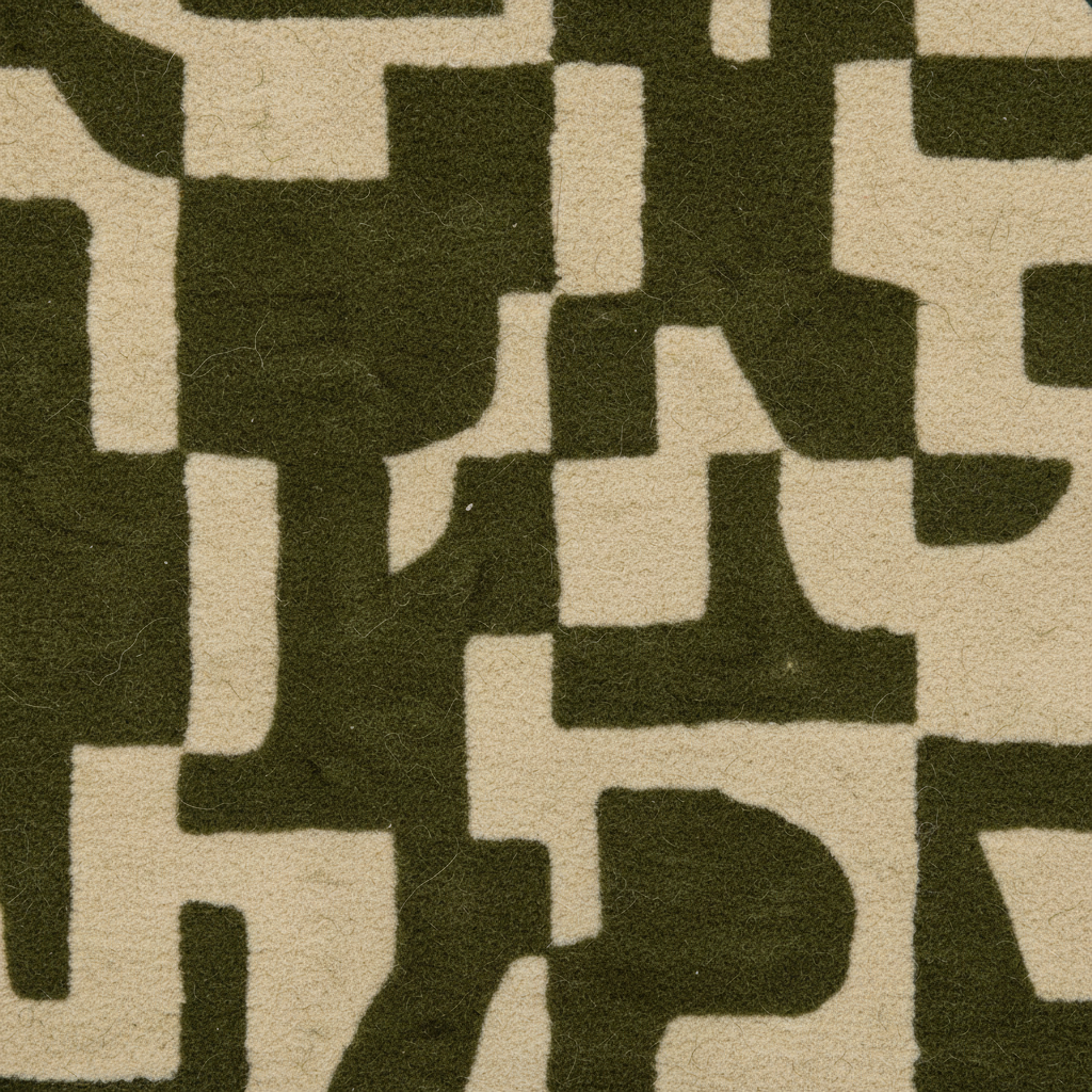 A close-up of a textured wool or felt fabric with an abstract geometric pattern in olive green and warm beige.