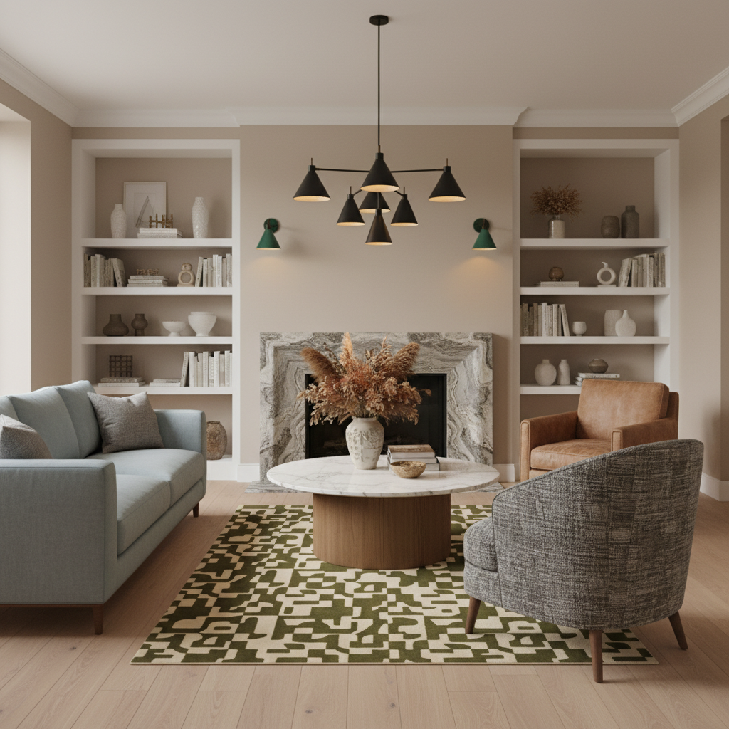 A beautifully styled modern living room featuring a light blue sofa, a round white coffee table, a gray armchair, a brown accent chair, and a geometric green and beige rug in front of a marble fireplace.