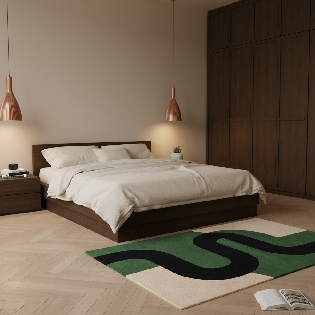 A modern bedroom scene featuring a low wooden platform bed dressed in white bedding, flanked by matching wood nightstands and a large dark wood wardrobe. The room has light wood herringbone flooring, two copper-colored pendant lights, and a green and cream abstract patterned rug.