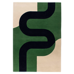 Emerald Sleek Curve hand-tufted wool rug swatch with a bold green curved ribbon on cream