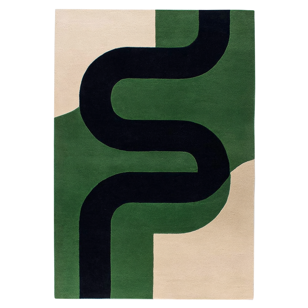 Emerald Sleek Curve hand-tufted wool rug swatch with a bold green curved ribbon on cream