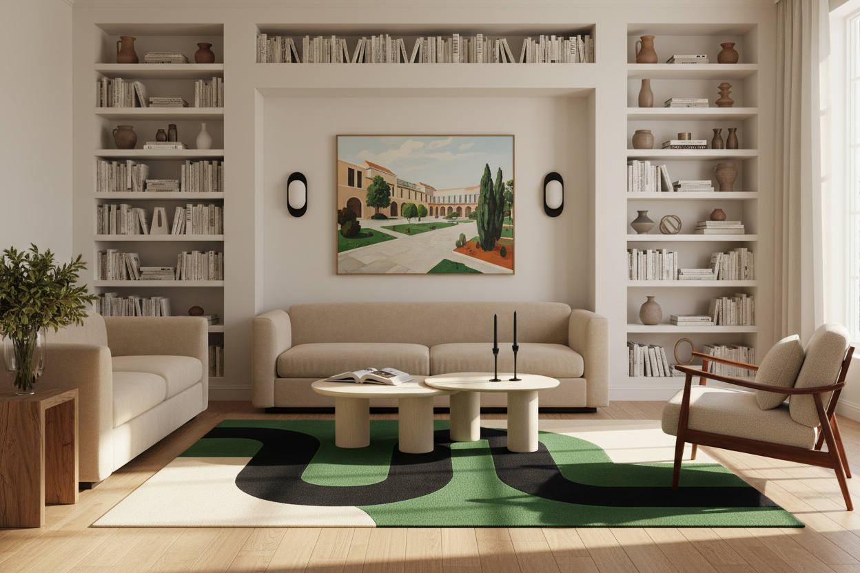 Modern living room with beige sofa, bookshelves, green contemporary rug, and a painting on the wall.