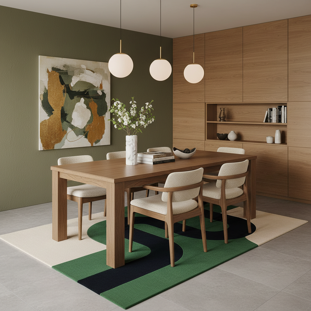 A modern dining room scene with a rectangular wooden dining table and six upholstered chairs arranged on a patterned green, black, and cream rug. The room has a wood-paneled wall, three white globe pendant lights, and a large abstract painting on the olive-green wall.