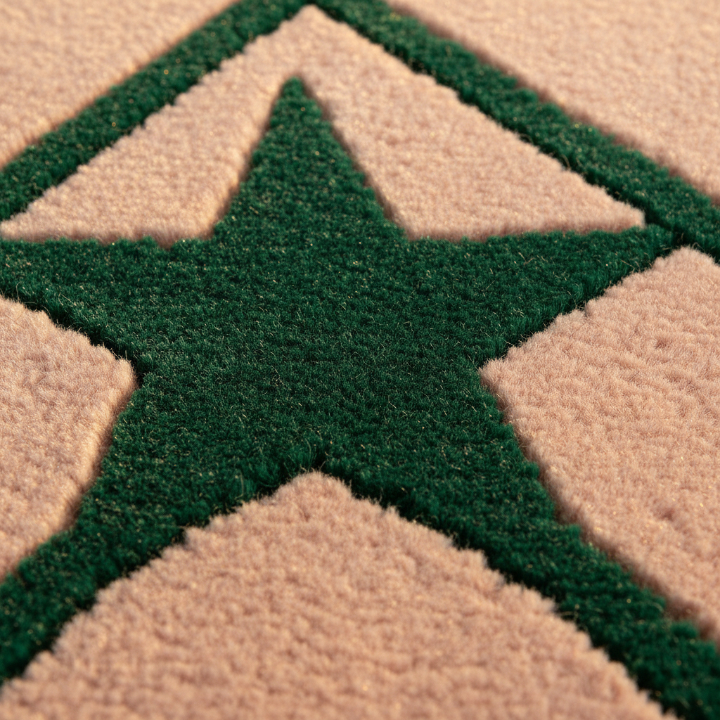 Close-up of a textured rug featuring a dark green five-pointed star outlined in beige, set against a matching beige geometric background.