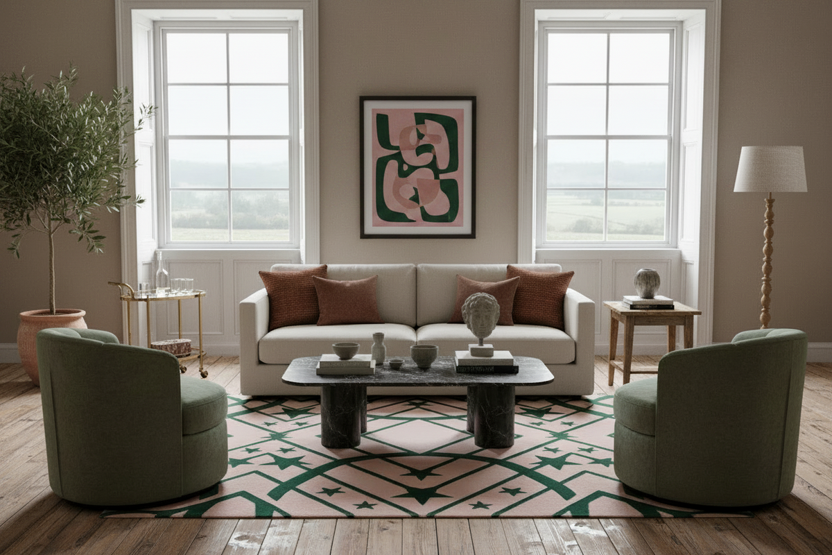 Modern living room with a beige sofa, green chairs, and a patterned rug.