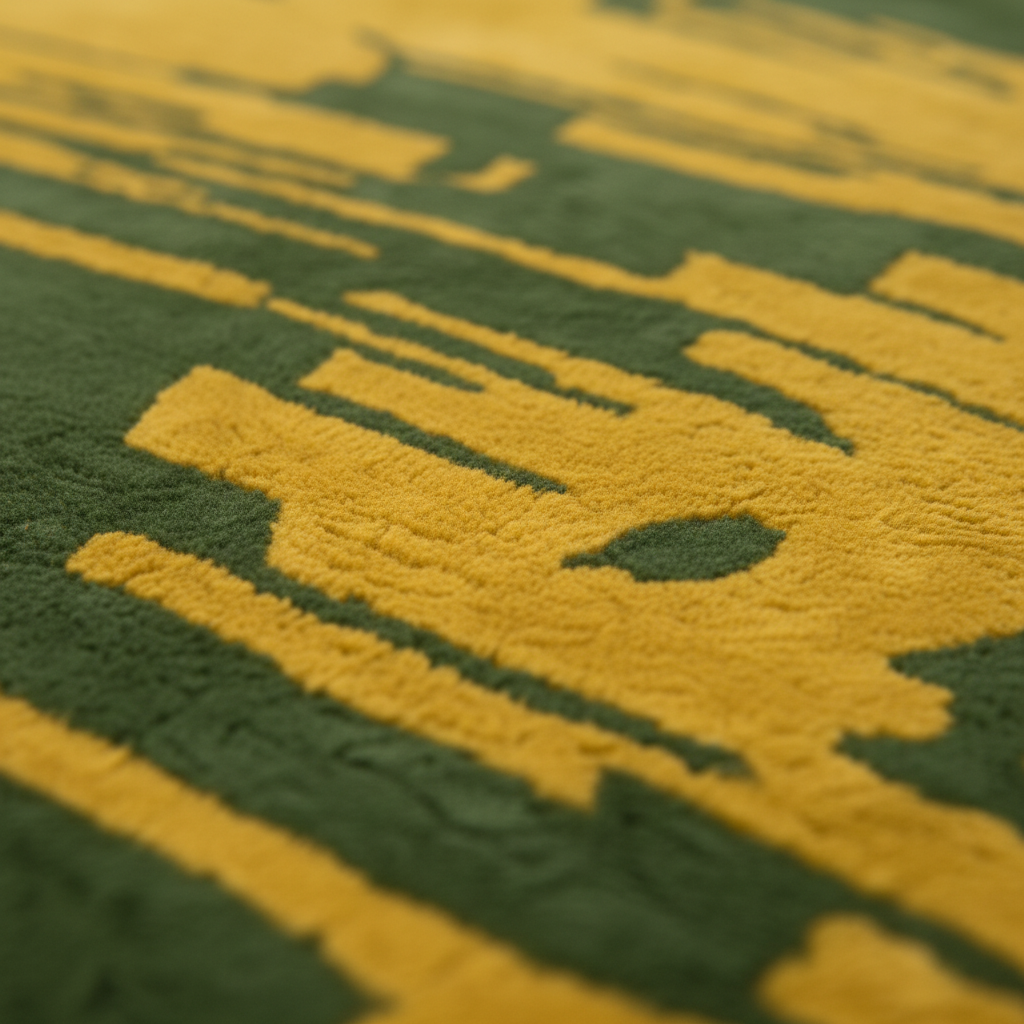 Close-up of a plush textured rug with an abstract pattern in dark green and mustard yellow.