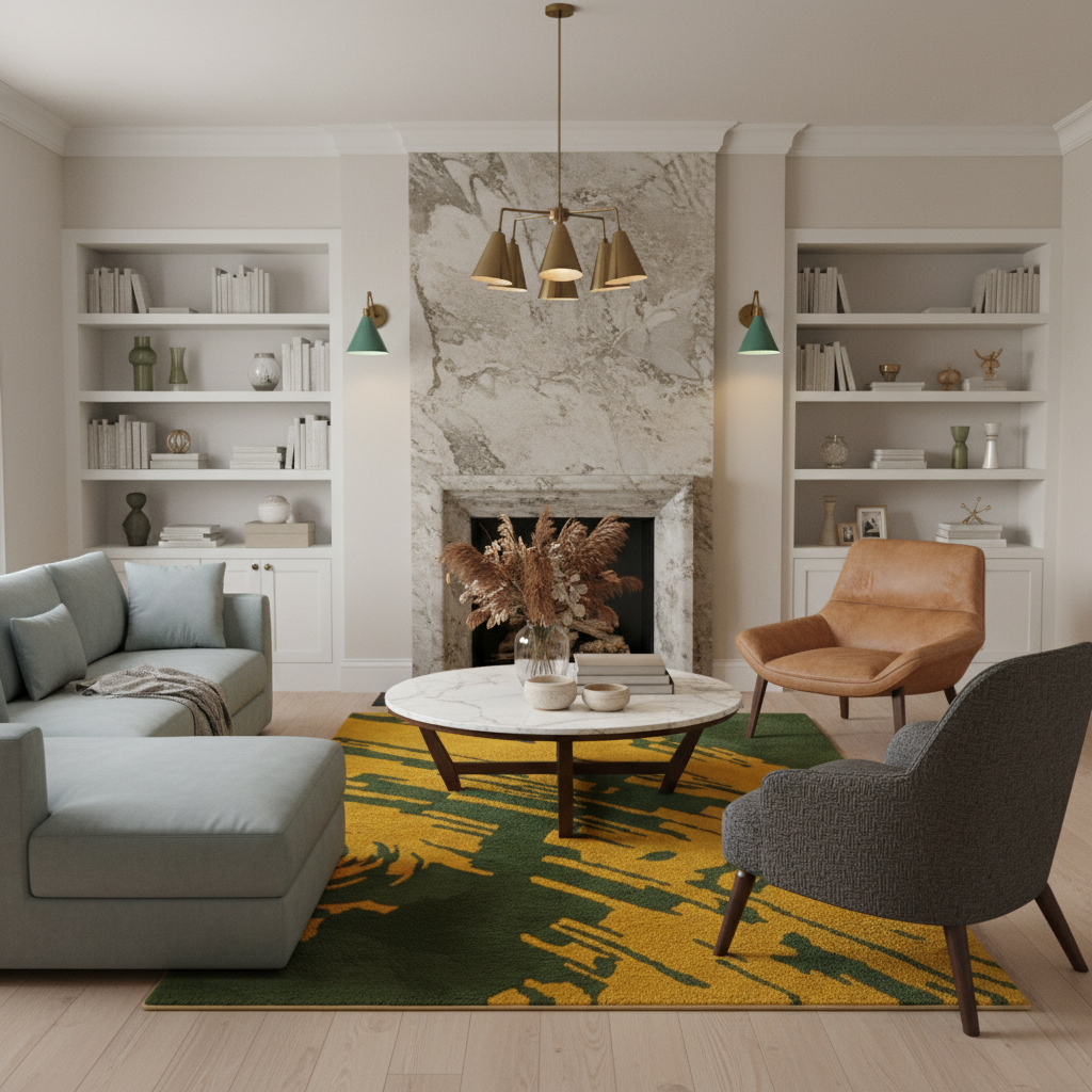 A styled living room interior featuring a green and yellow abstract patterned area rug under a round marble-top coffee table. The room includes a light blue sofa, a brown leather armchair, a gray upholstered chair, a marble fireplace, built-in white shelves, and a bronze multi-light chandelier.