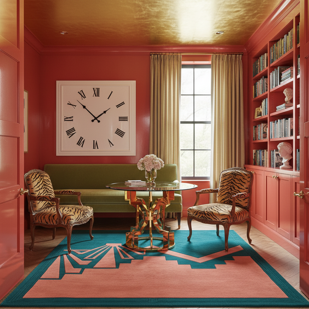Decorative interior with red walls, a green sofa, and patterned rug.