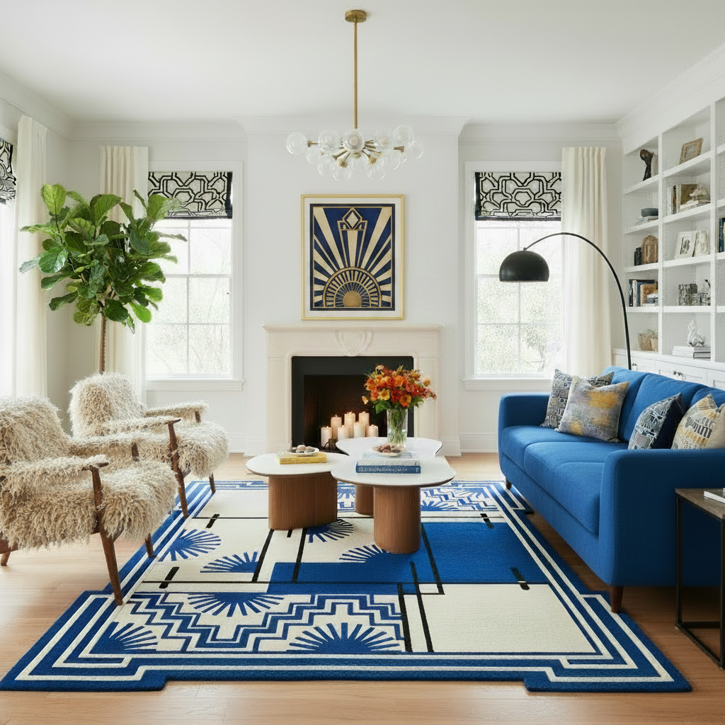 Modern living room with blue sofa, patterned art deco rug, and decorative elements.