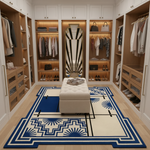 Modern walk-in closet with wooden shelves, clothing, and a blue and white geometric art deco rug.