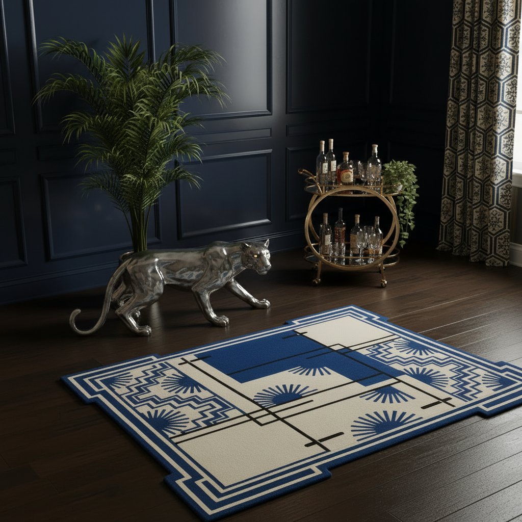 A rectangular area rug with a blue and cream geometric and fan-like pattern, styled on a dark wood floor in a moody room with a silver panther figurine, a glass bar cart, and a dark paneled wall.