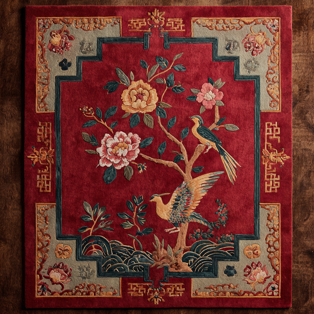 Decorative rug with floral and bird design on a red background