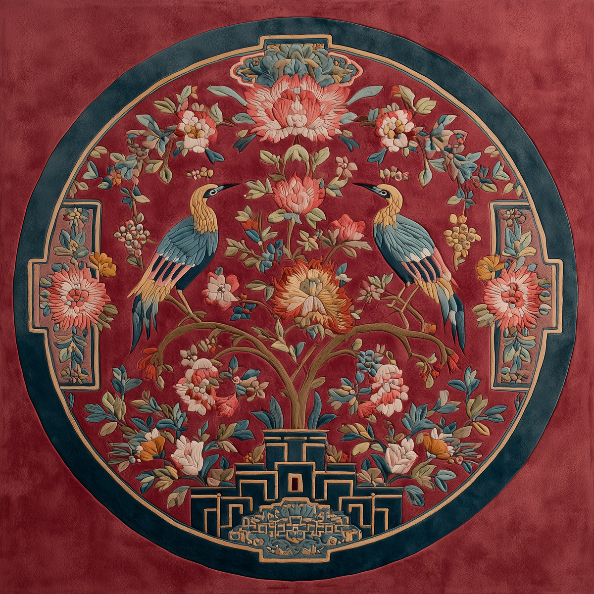 Empress Garden Hand Tufted Square Rug II with a red ground, floral medallion, and crane motif in a teal border