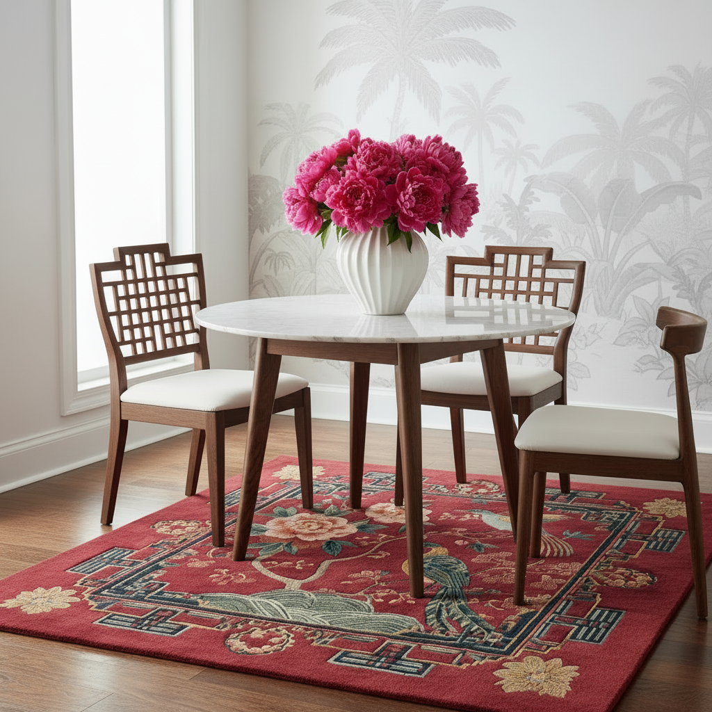 Dining room with a round table, chairs, and a vase of pink flowers on a red patterned rug.