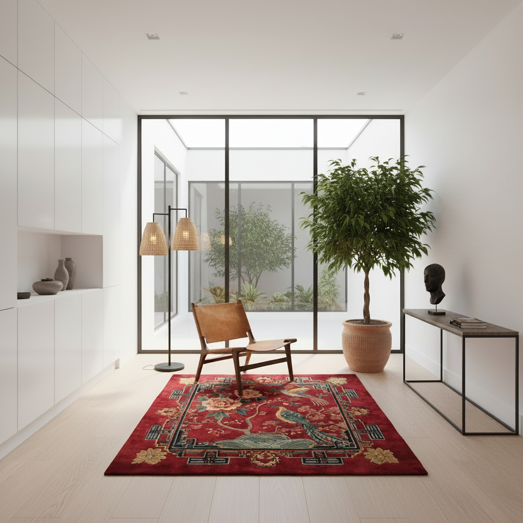 A red traditional oriental area rug with intricate floral and geometric patterns, styled in a bright, modern minimalist hallway with a wooden chair, floor lamp, and potted plant.
