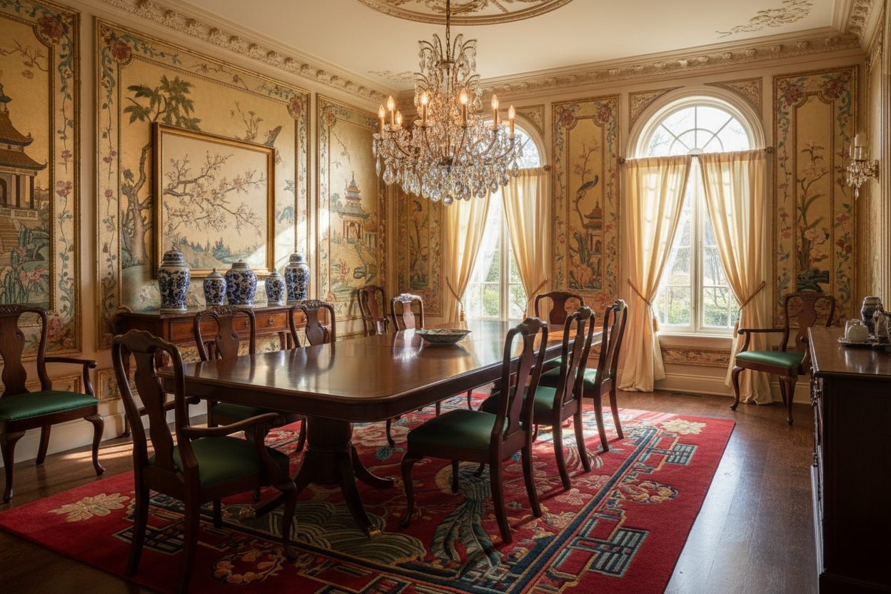 Grand dining room with ornate walls, a chandelier, chinoiserie red rug, and a large table with chairs.