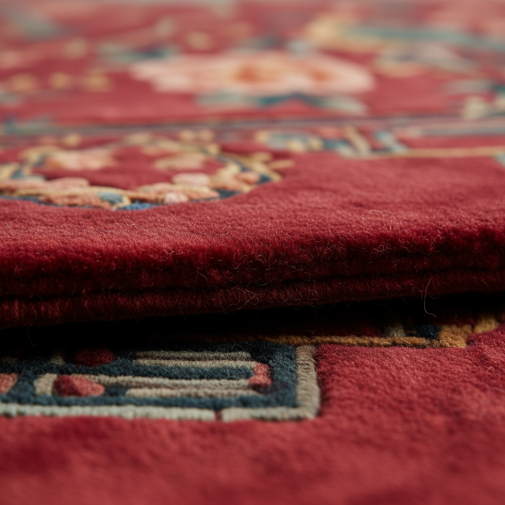 Close-up of a folded red patterned rug showing the plush pile texture and part of a traditional floral and geometric design.