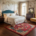 Luxurious bedroom with floral wallpaper, a bed, and decorative rug.