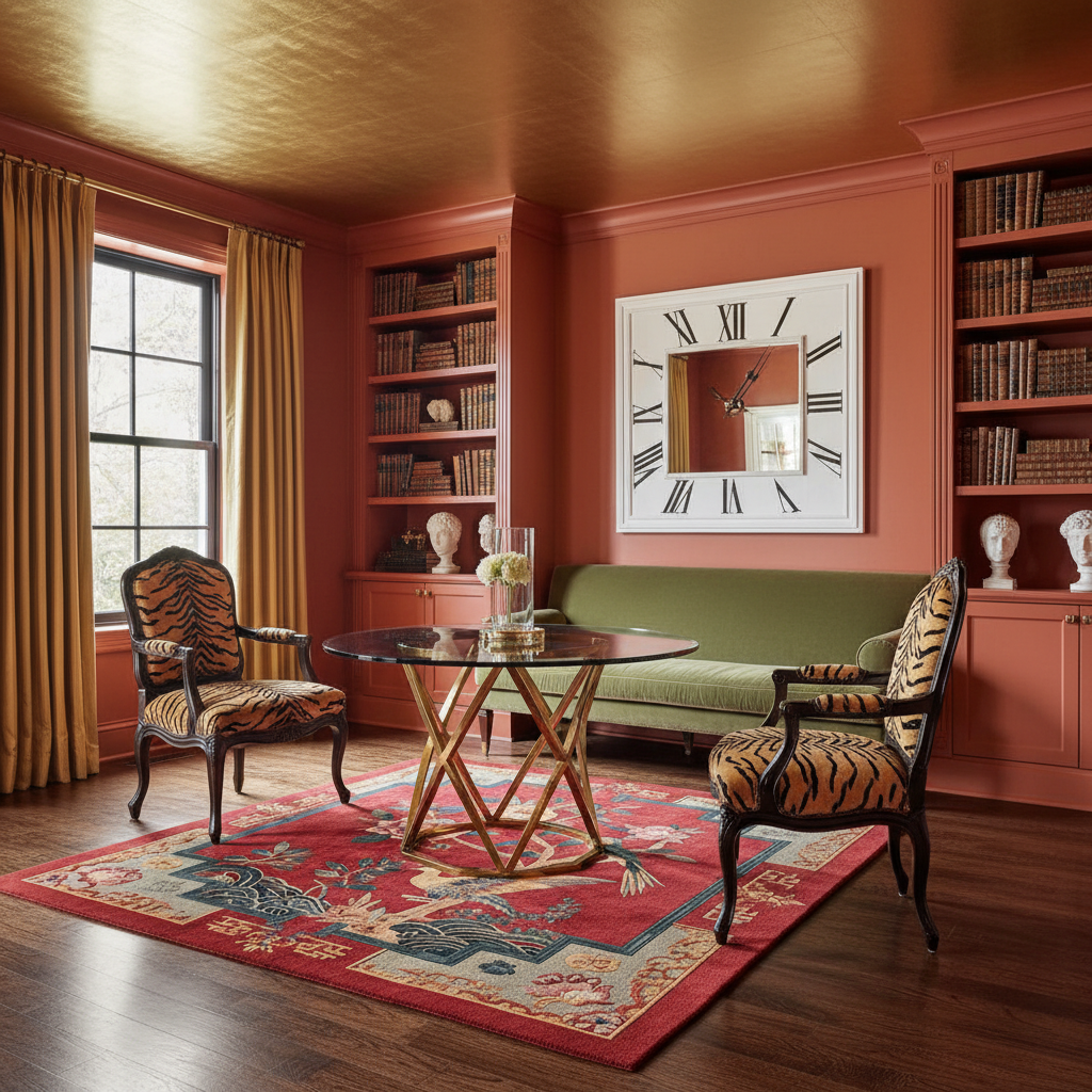 Living room with red walls, bookshelves, and patterned rug.