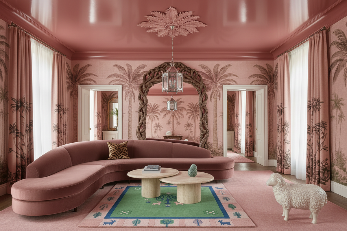 Pink living room with curved sofa, decorative tribal tufted rug, mirror, and sheep figurine.