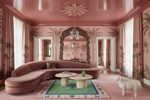 Pink living room with curved sofa, decorative tribal tufted rug, mirror, and sheep figurine.