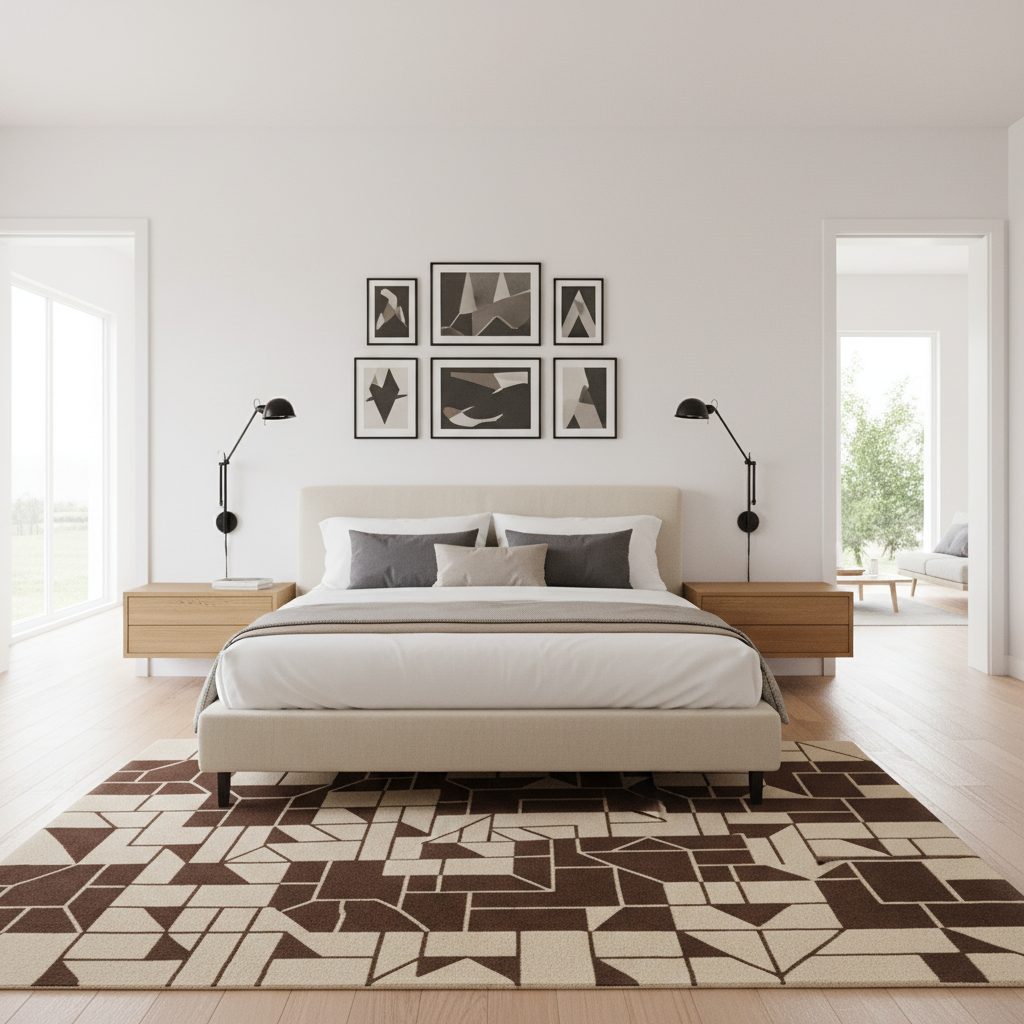A modern bedroom interior with a bed centered against a white wall, framed black-and-white wall art above it, two wooden nightstands, black lamps, and a large geometric area rug in brown and cream. An open doorway on the right reveals another room with a chair and table.