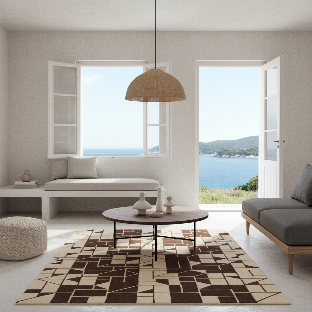 A modern living room interior with a geometric area rug in brown and beige tones, a round coffee table, a bench, a gray sofa, and large windows opening to a blue sea view.