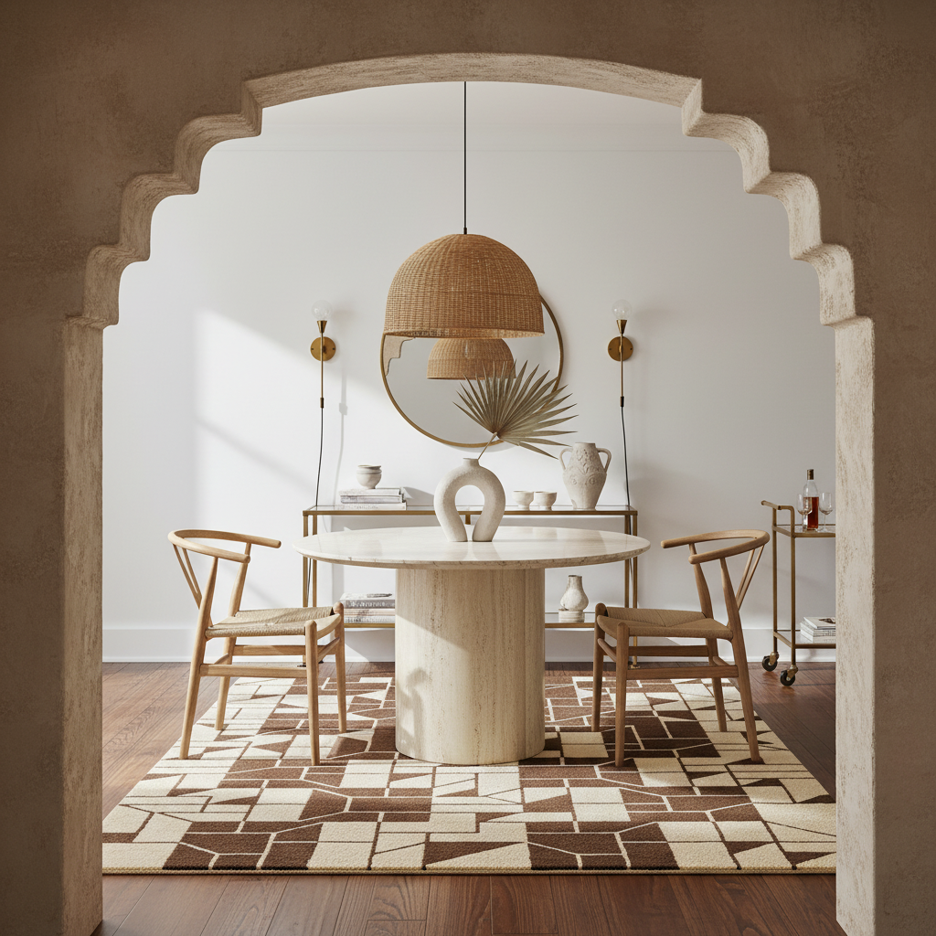 Modern dining room with a round table, brown rug, chairs, and decorative elements.