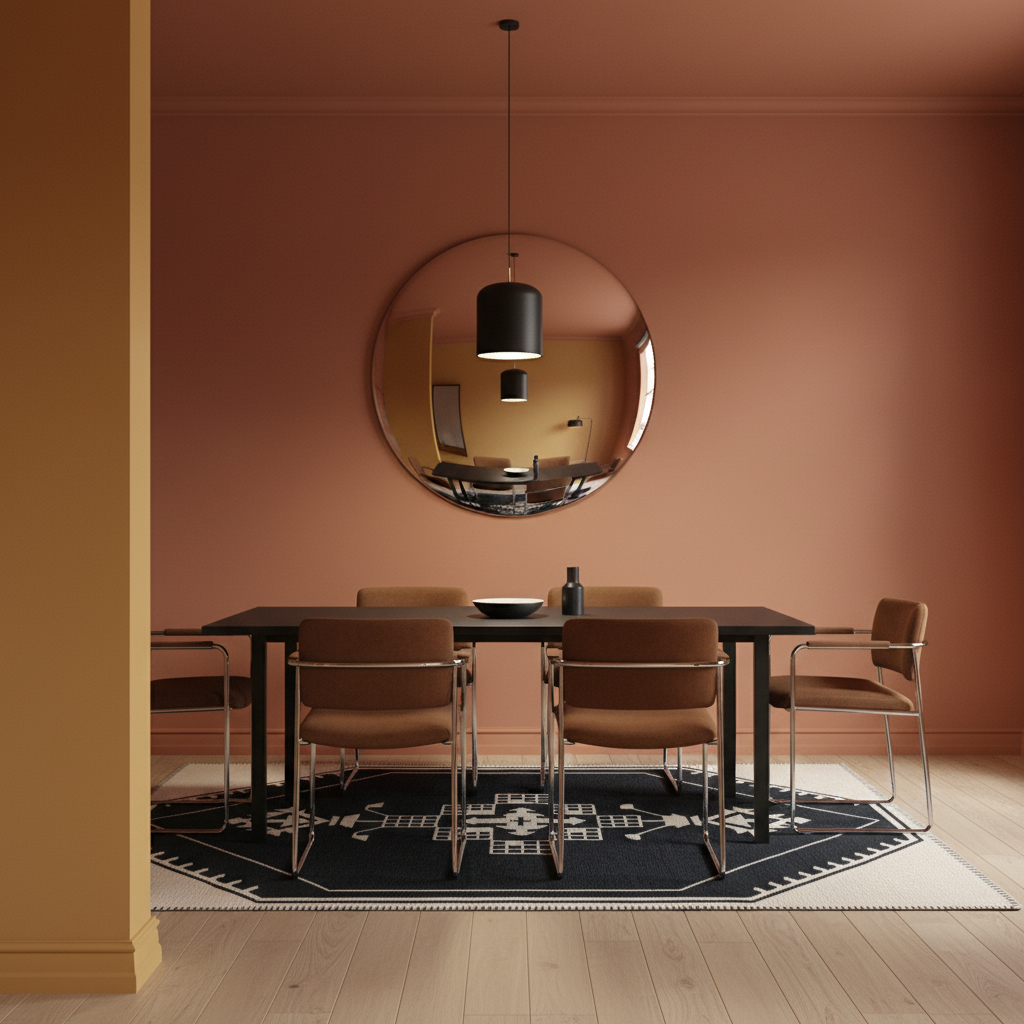 A modern dining room setup featuring a dark rectangular table surrounded by four brown upholstered chairs with chrome legs, set on a black and white patterned rug. A large round mirror on the terracotta-colored wall reflects a black pendant light. The room has light wood flooring and a warm terracotta wall.