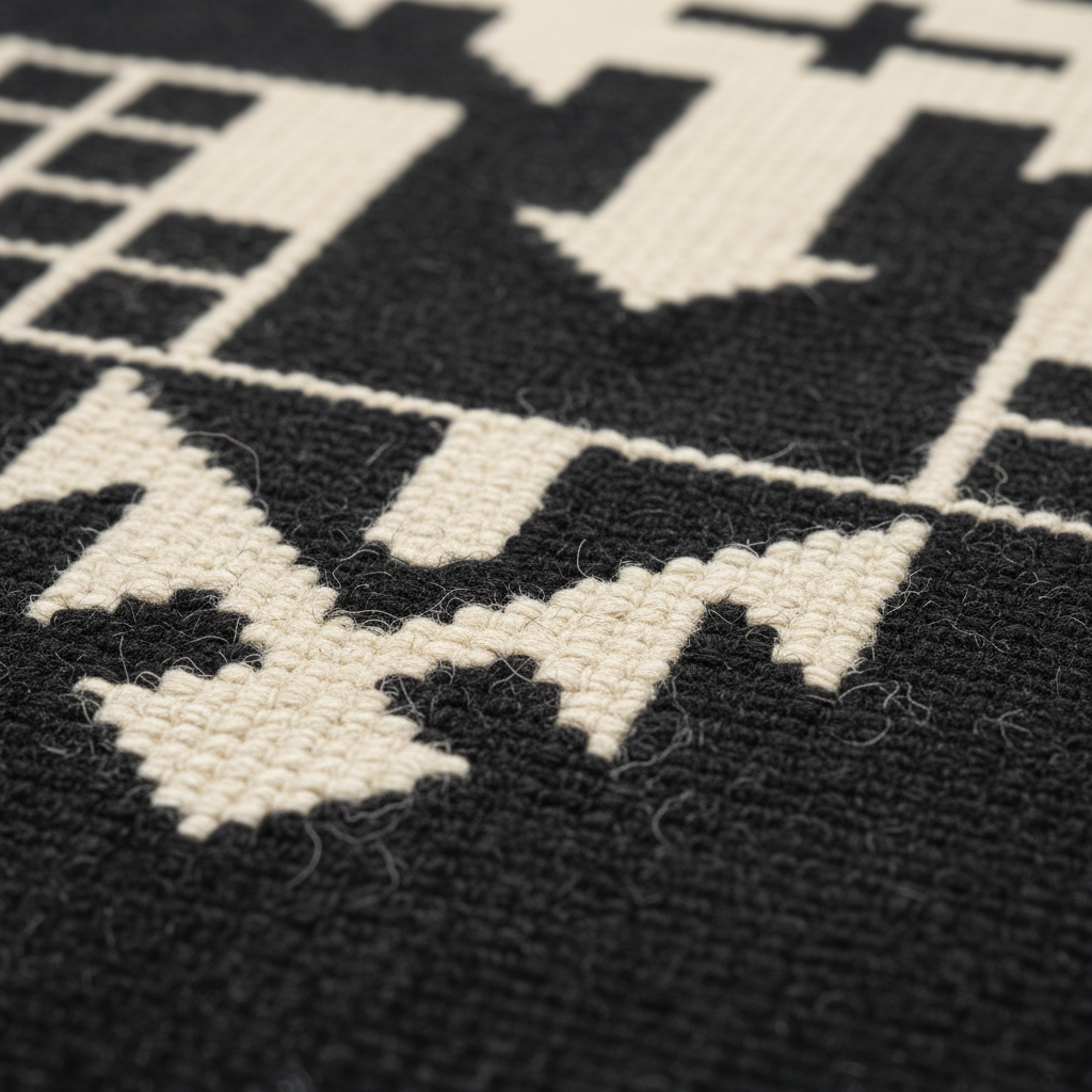 Close-up of a woven textile with a bold black and off-white geometric pattern, showing the texture of the fibers.