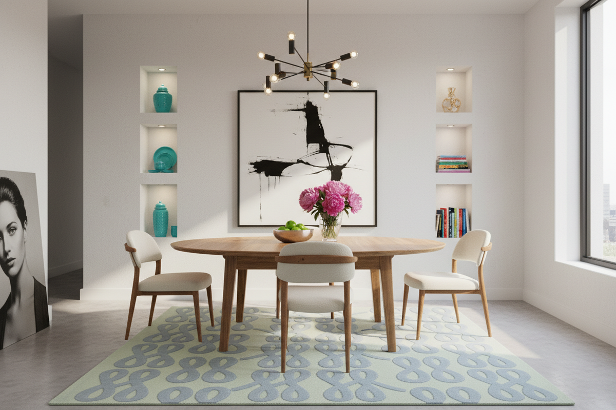 Modern dining room with wooden table, chairs, and decorative rug.