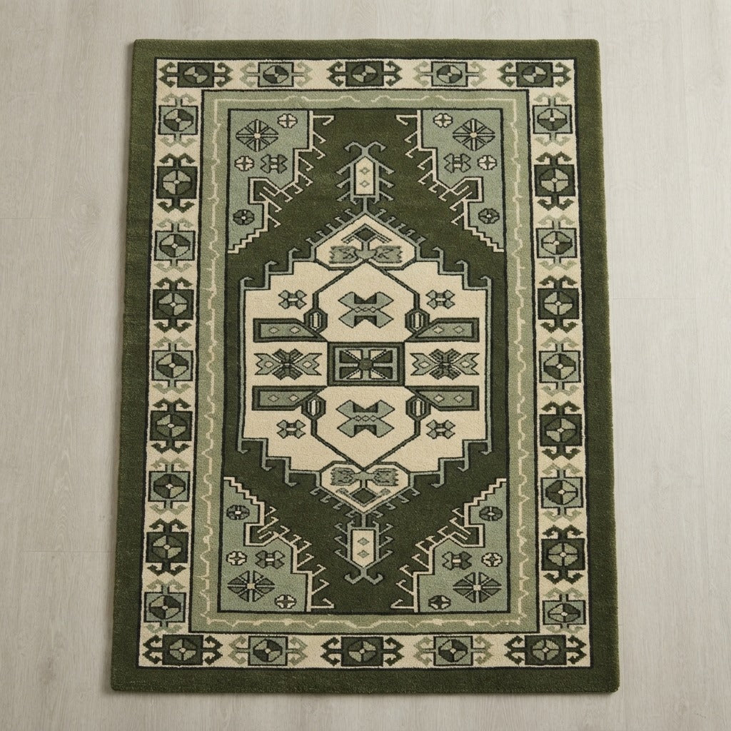 Evergreen Caucasus Shield Hand Tufted Wool Rug - studio photo