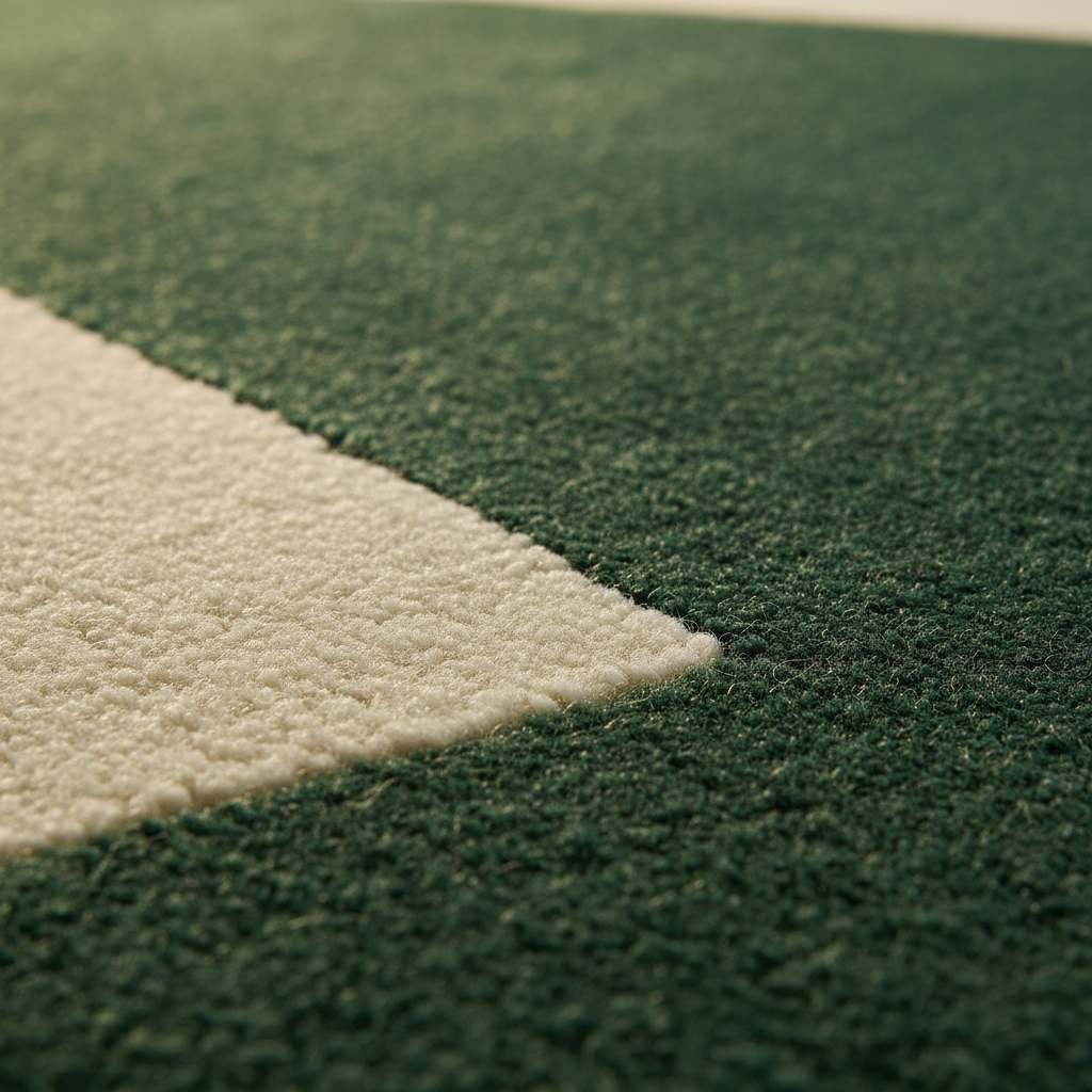 Close-up of a textured area rug with a dark green field and a contrasting cream-colored geometric section.
