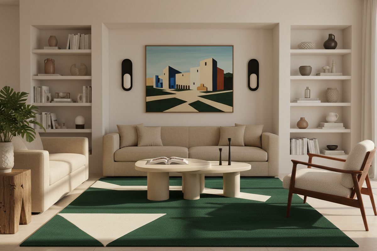 Modern living room with a green and white geometric rug, beige sofa, and bookshelves.