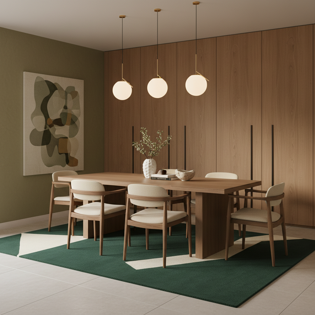 A modern dining room scene with a rectangular wooden dining table and six upholstered chairs arranged on a dark green area rug. Three pendant lights hang above the table, and the background features a large wood-paneled wall and abstract wall art.