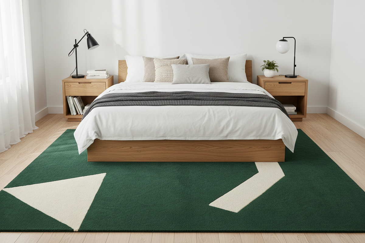Bedroom with a wooden bed, white bedding, and a green geometric rug.