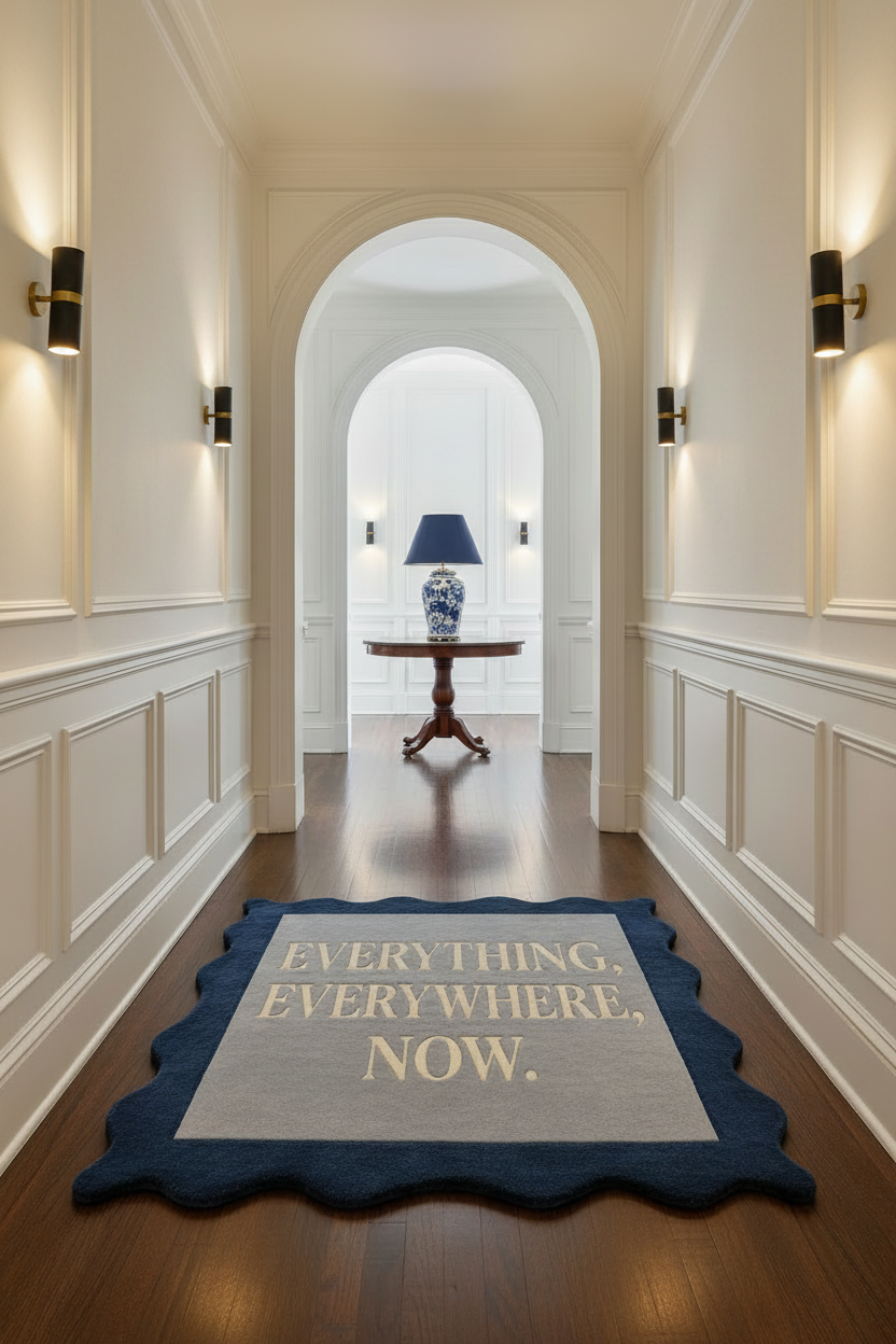 Hallway with a decorative rug featuring text, wooden table, and lamp in the background.