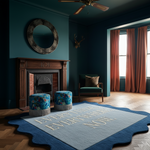Living room with teal walls, wooden fireplace, floral stools, and a large rug with text.
