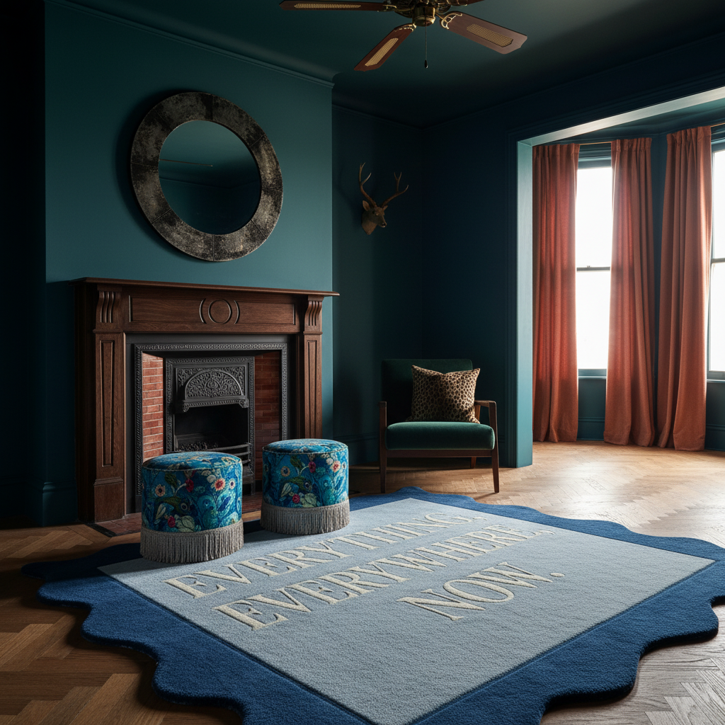 Living room with teal walls, wooden fireplace, floral stools, and a large rug with text.