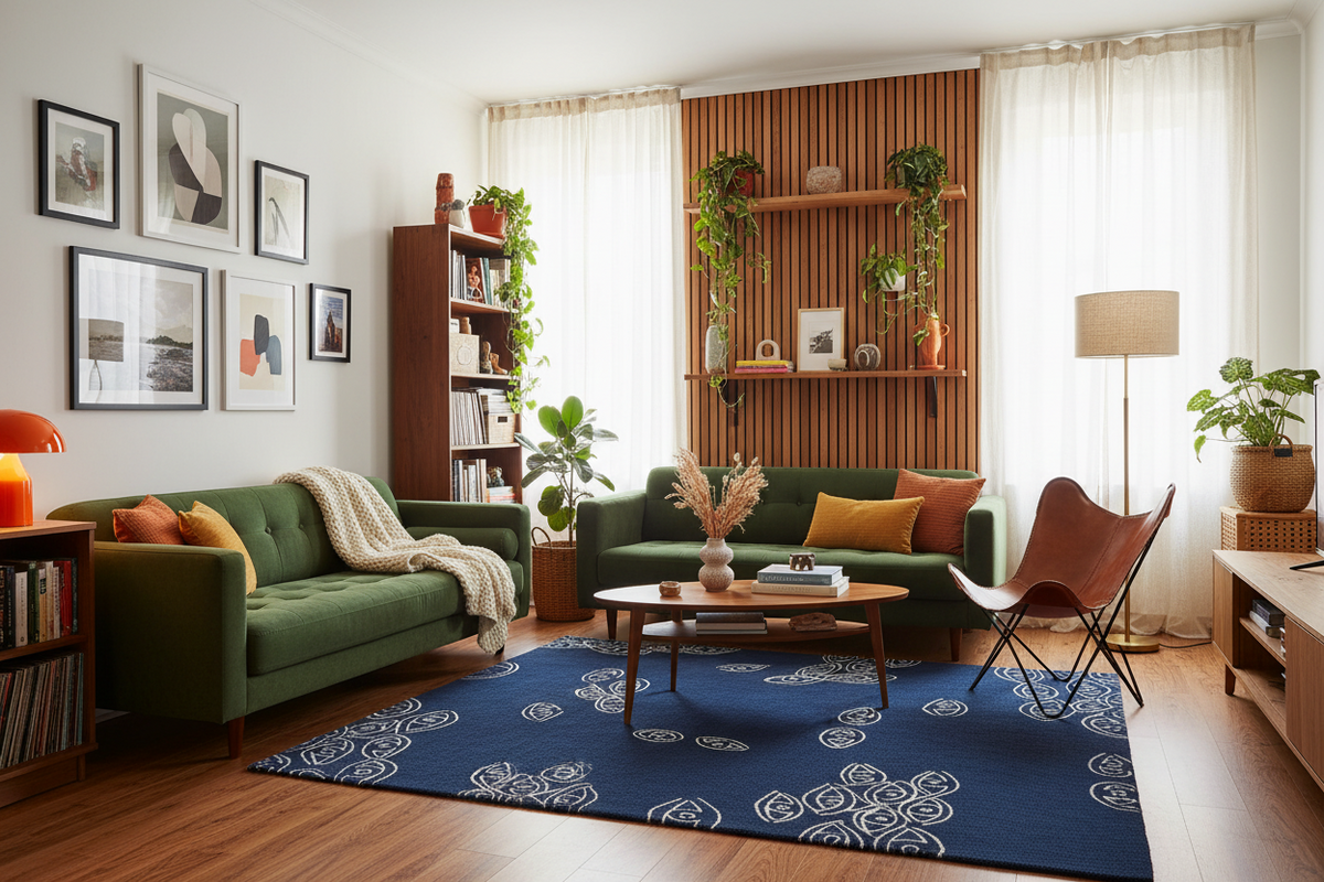 A beautifully styled modern living room featuring a green sofa, a matching green armchair, a brown leather chair, a blue patterned rug, and a warm wood slat accent wall in the background.