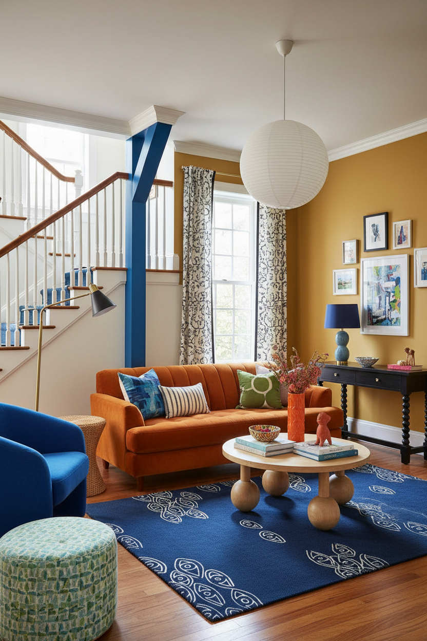 Living room with orange sofa, blue rug, armchair, and yellow walls