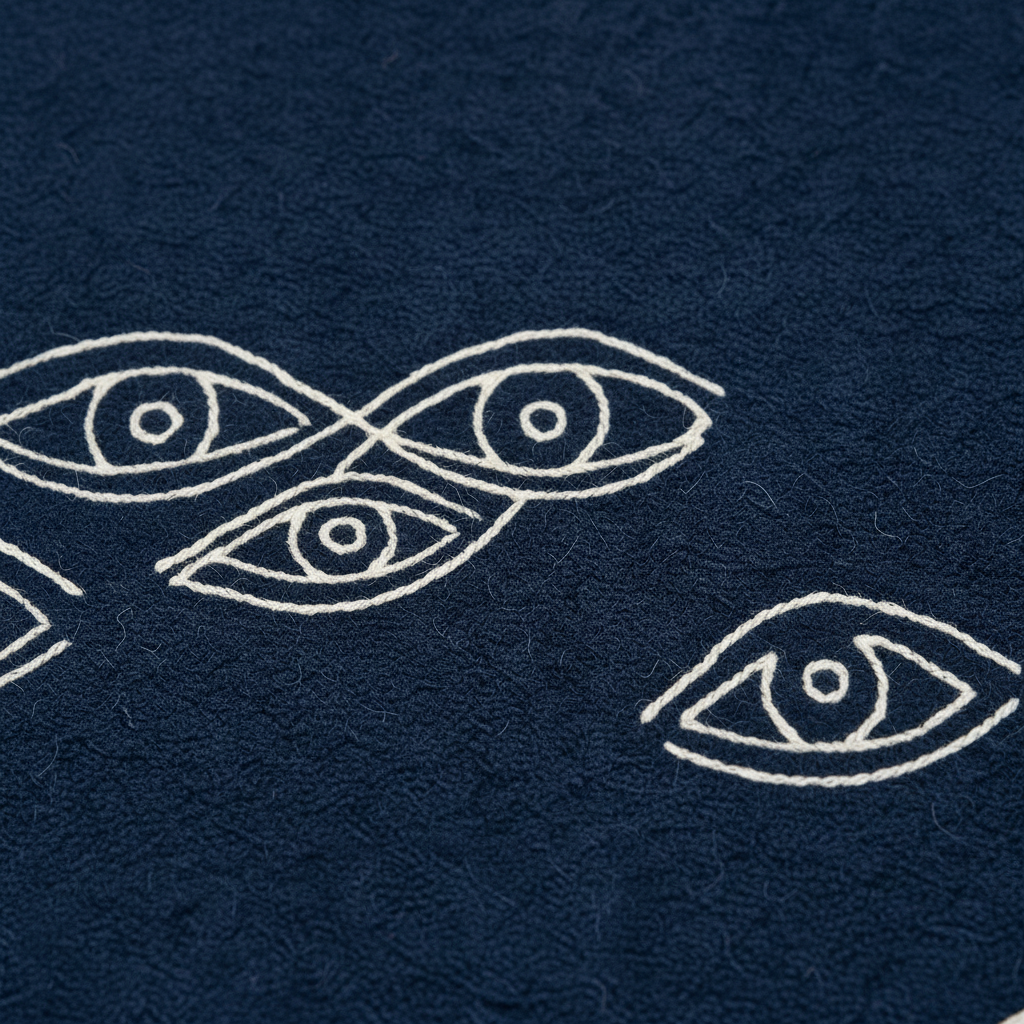 Close-up of a dark navy blue textured fabric with white embroidered eye motifs.