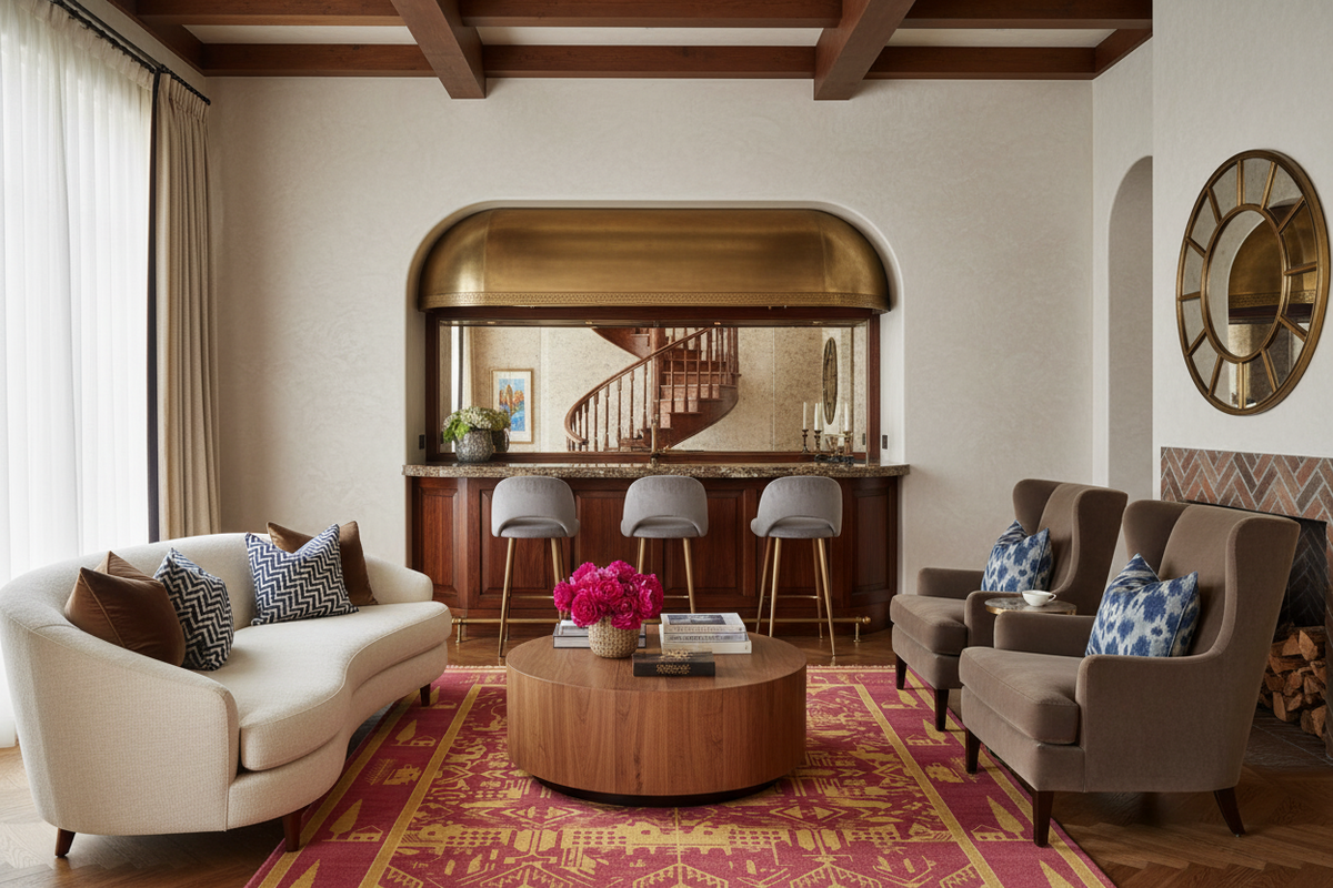 Living room with beige sofa, armchairs, red rug, and a round wooden coffee table.