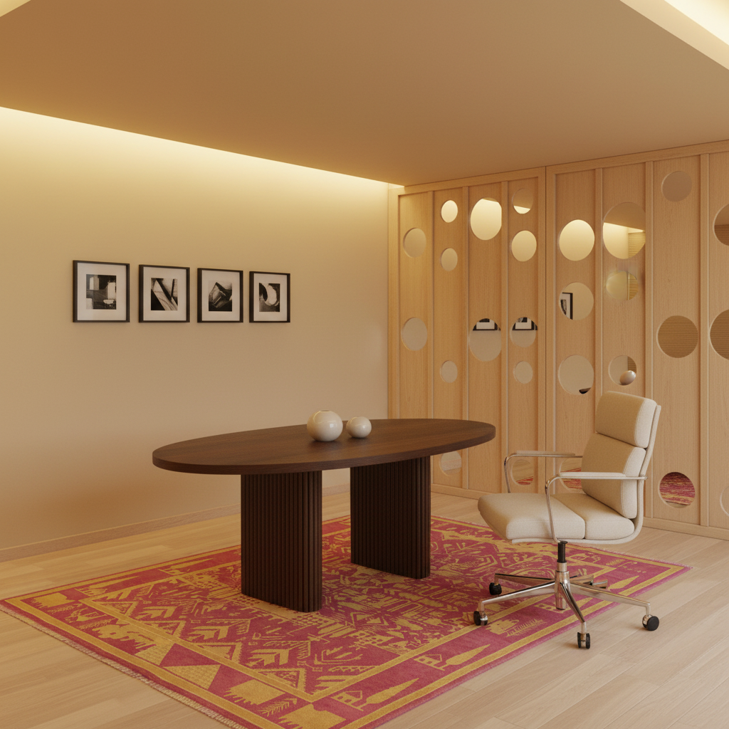 A modern home office interior featuring a dark wood oval desk with fluted pedestal legs, a cream office chair, a red and yellow patterned rug, and a light wood slatted wall with circular cutouts in the background.