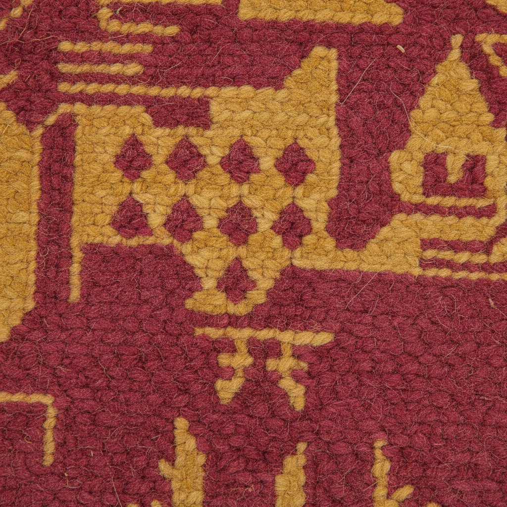 Close-up of a textured woven rug with a geometric castle pattern in deep burgundy and mustard yellow.